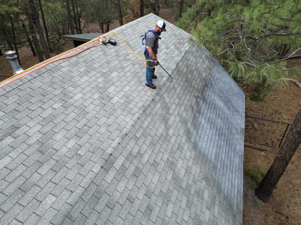 Technician spraying Roof Maxx rejuvenation treatment onto an asphalt shingle roof